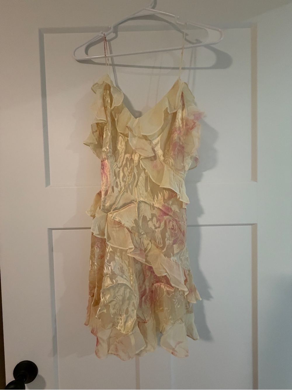 LoveShackFancy Pale Yellow Ruffle Mini Dress with Pink Detail